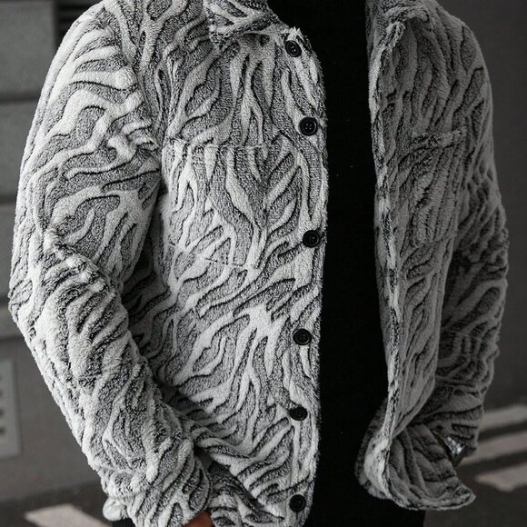 Multicolor Casual Men's Zebra Print Fleece Jacket - Picture 2 of 8